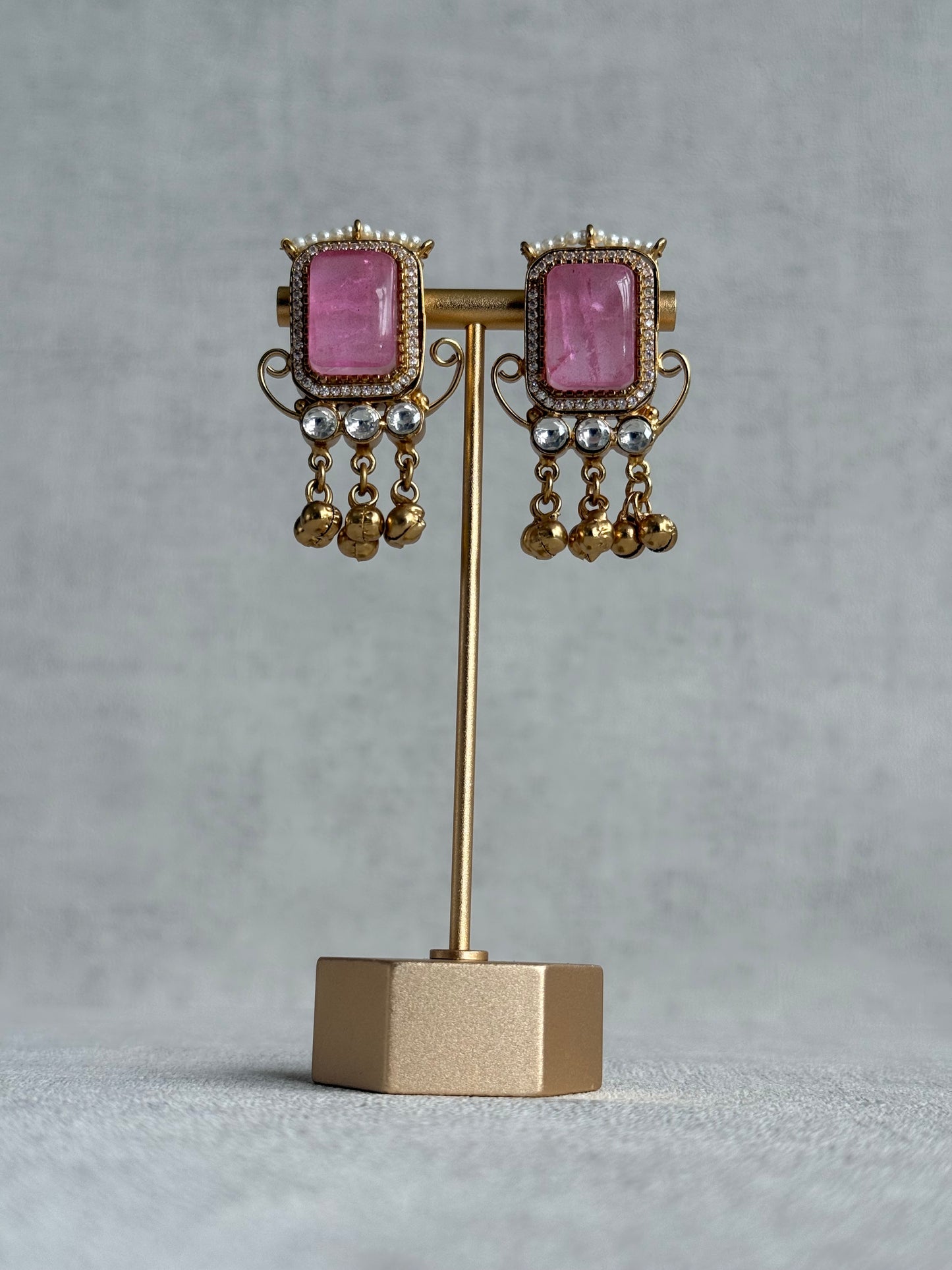 Ayura Designs Aleena Earrings – Blush Pink Stone Stud Earrings with Pearls & Ghungroo Detailing