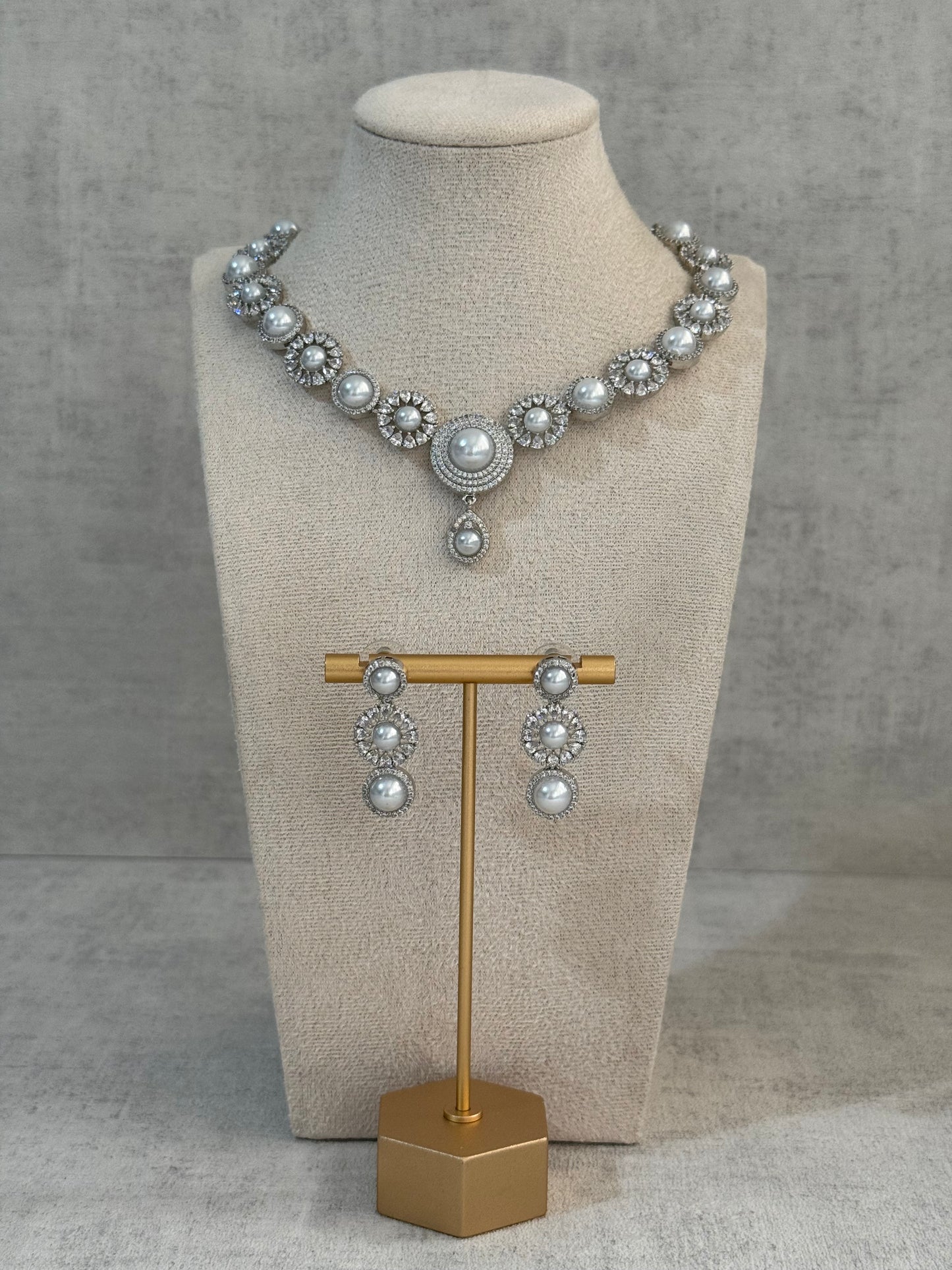 Ayura Designs Evelyn Set with Necklace & Stud Earrings – Silver Finish, Pearlescent Stones & Crystal Accents