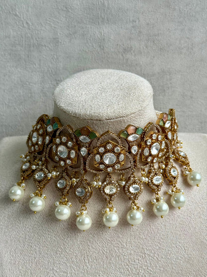 Ayura Designs Serina Choker Set with Earrings – Peach & Pistachio Enamel, Mirror-Cut Stones & Pearl Drops