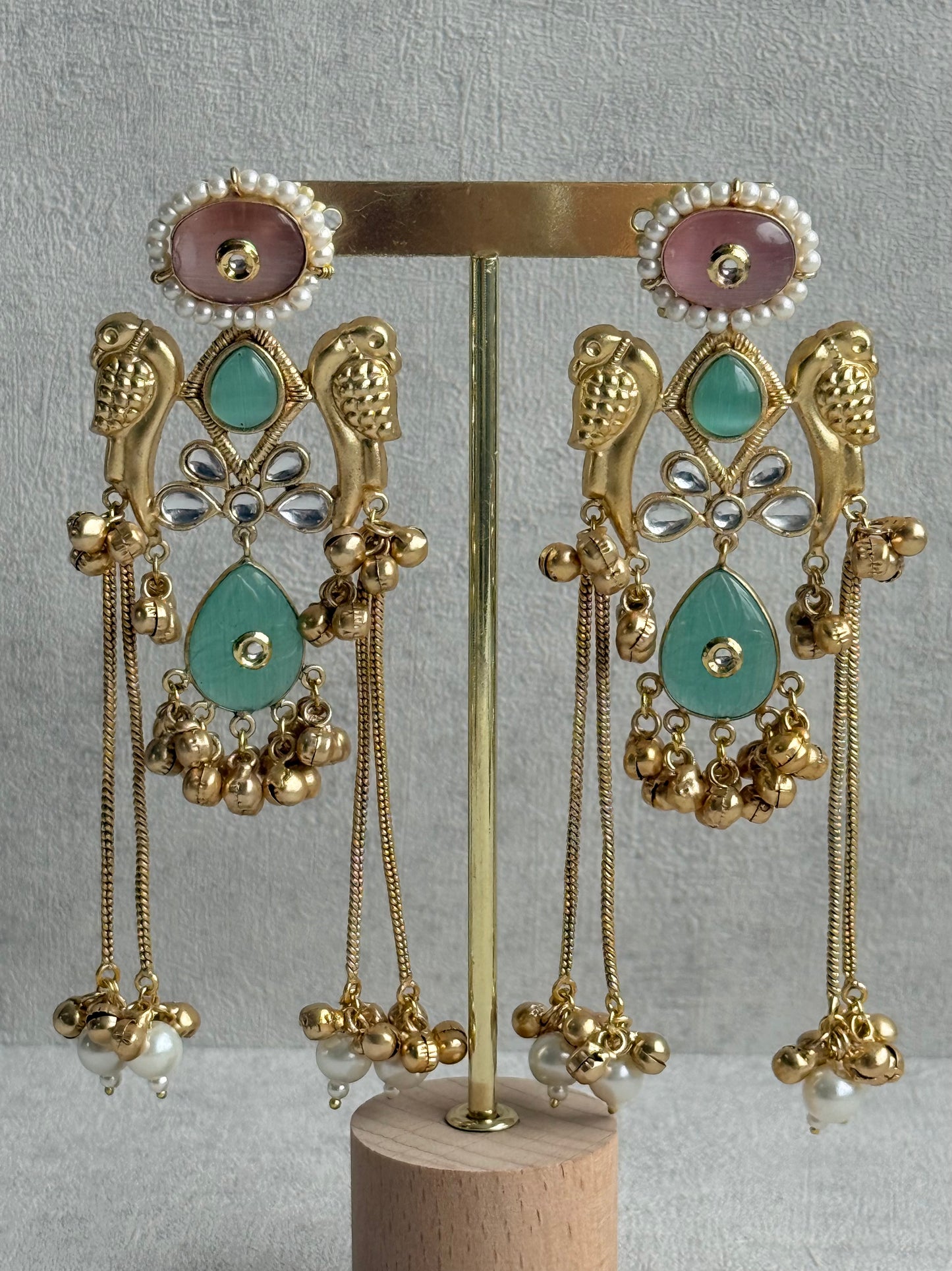 Ayura Designs Mehrun Earrings – Kashmiri Earrings with Mint Green Stones, Blush Pink Detailing & Pearl Drop Chains