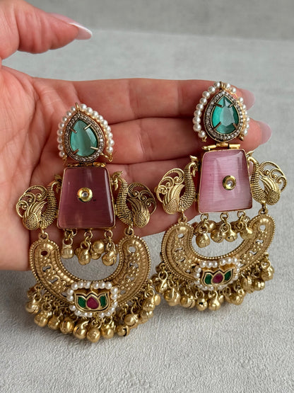 Ayura Designs Sahar Earrings – Statement Earrings with Blush Pink Stone, Mint Green Accents & Ghungroo Detailing