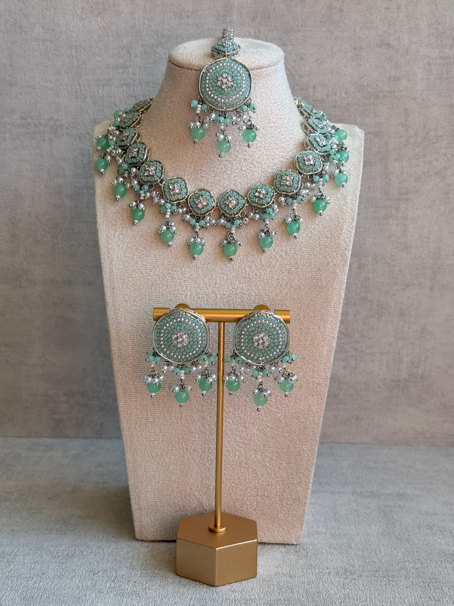 Ayura Designs Nomal Set with Earrings & Tikka – Mint Green Beads, Pearl Detailing & Silver Finish