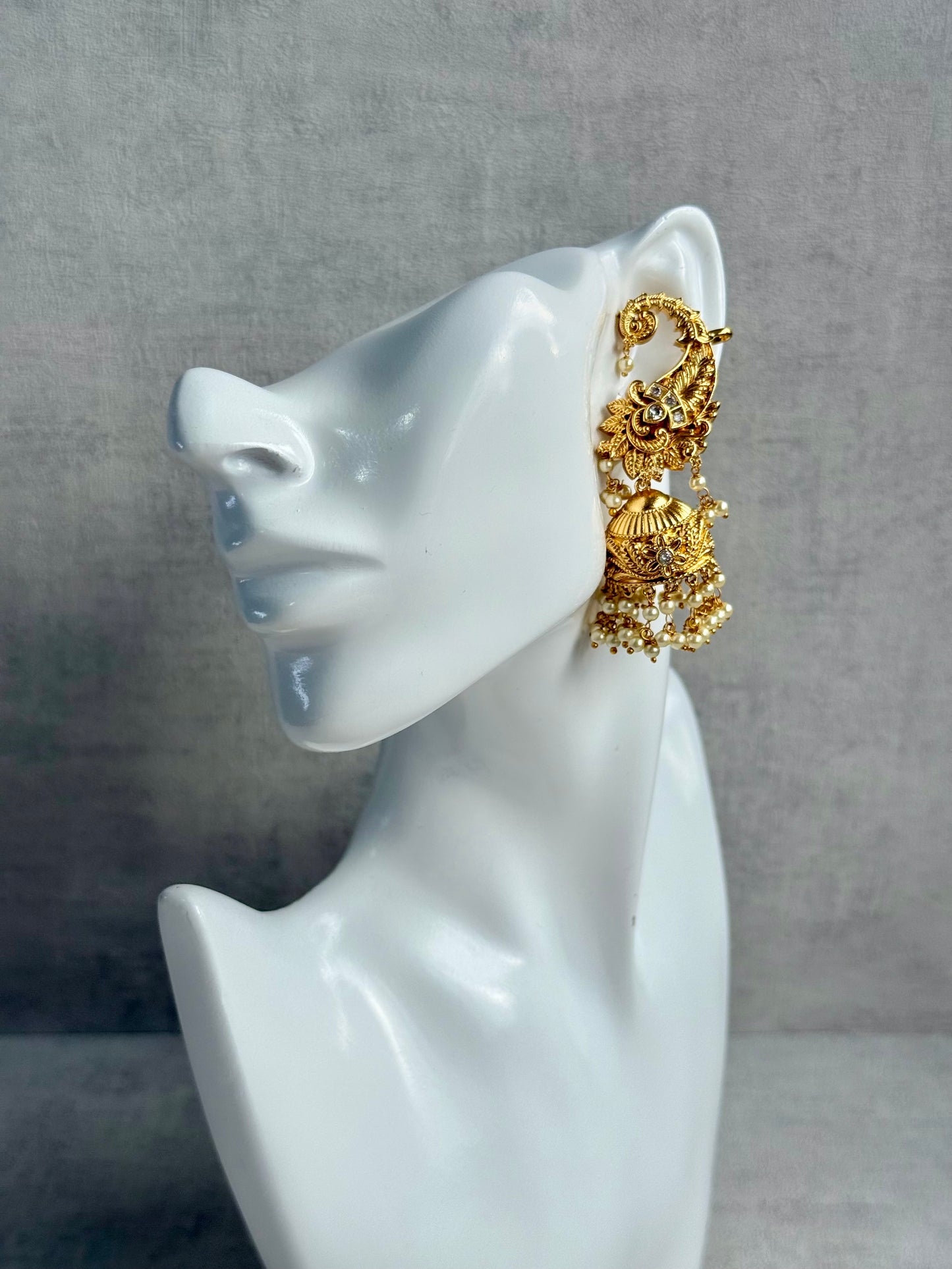 Ayura Designs Anika Jhumkis – Gold Half Ear Cuffs with Floral Motif, Kundan Crystals & Pearl Jhumka Drops