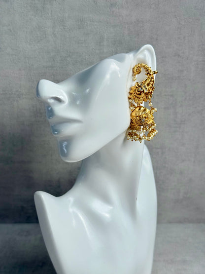 Ayura Designs Anika Jhumkis – Gold Half Ear Cuffs with Floral Motif, Kundan Crystals & Pearl Jhumka Drops