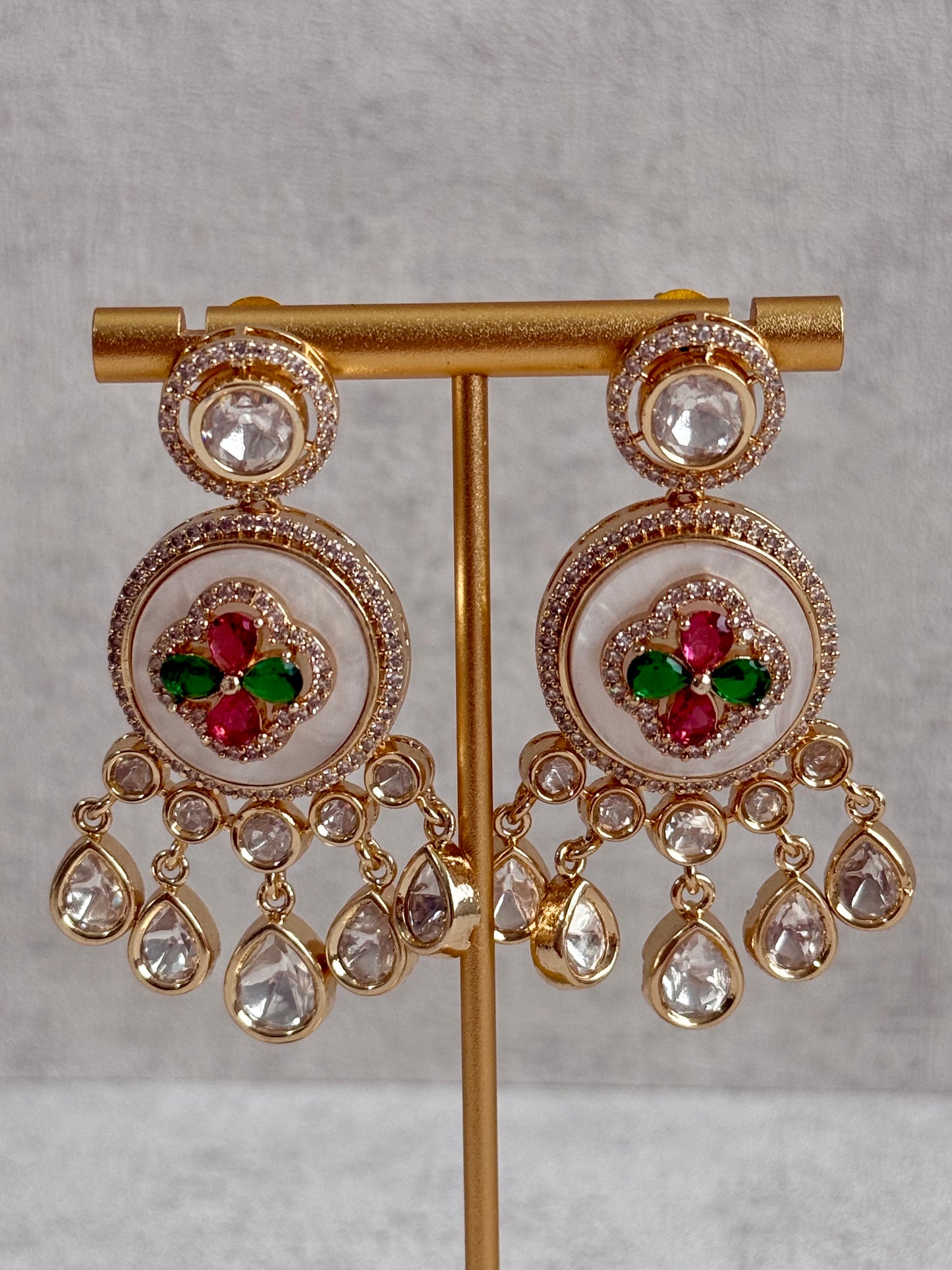 Ayura Designs Wisah Set – Necklace & Earrings with Mirror-Cut Stones, Fuchsia, Emerald & Mother-of-Pearl Detailing