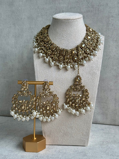 Ayura Designs Layla Set – Luxurious Champagne Gold Ensemble with Pearls | Featuring Chandelier Earrings & Tikka