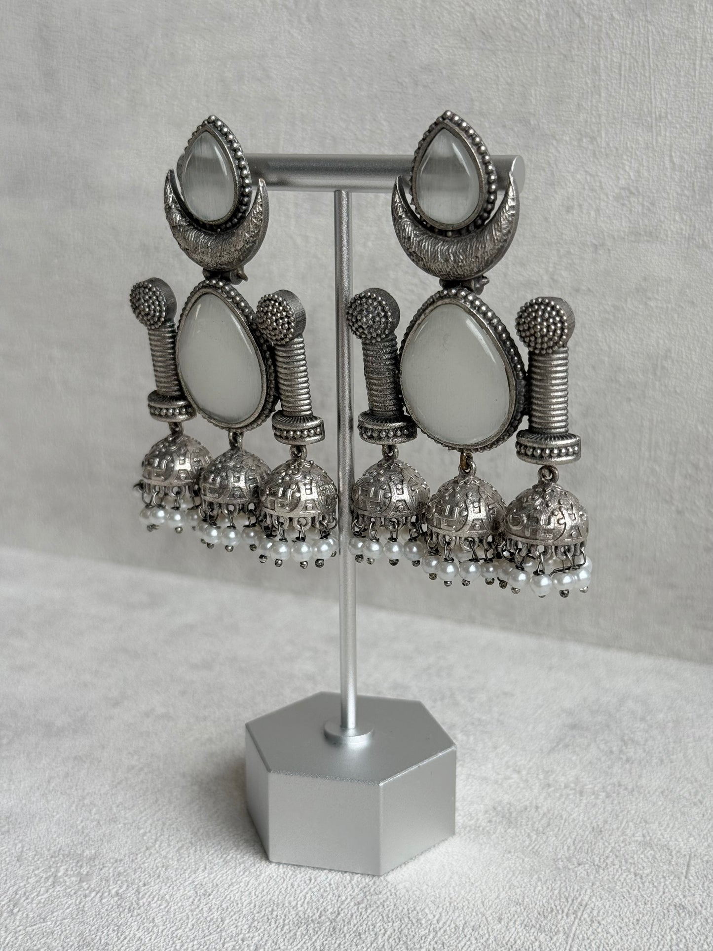 Ayura Designs Qissa Earrings – Oxidised Triple Jhumki Earrings with Opal Grey Stones & Pearl Detailing