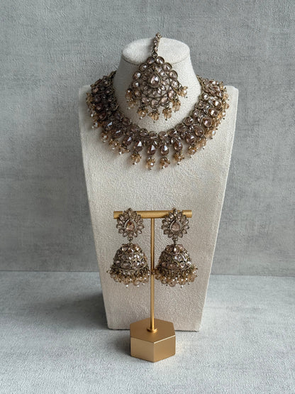Ayura Designs Emaan Set with Jhumkis & Tikka – Champagne Stones, Antique Gold Finish & Crystal Detailing