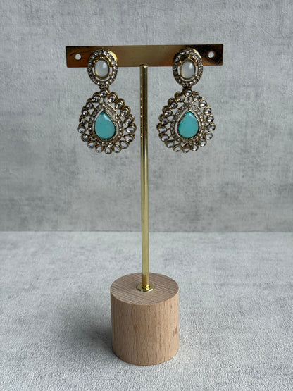 Ayura Designs Tamara Set with Necklace, Earrings & Tikka – Aqua & Opal Stones with Kundan Detailing in Antique Gold Finish