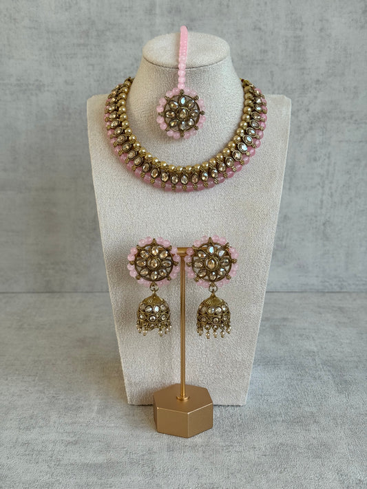 Ayura Designs Huma Set with Tikka – Mirror-Cut Stones, Blush Pink Beads & Pearl Detailing