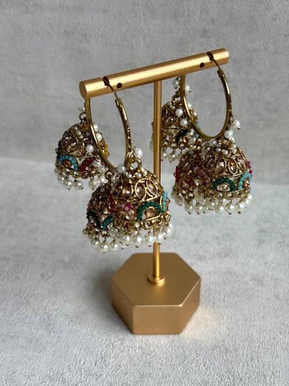 Ayura Designs Nakhra Balis – Multicolour Triple Dome Earrings with Mirror-Cut Stones & Pearl Detailing