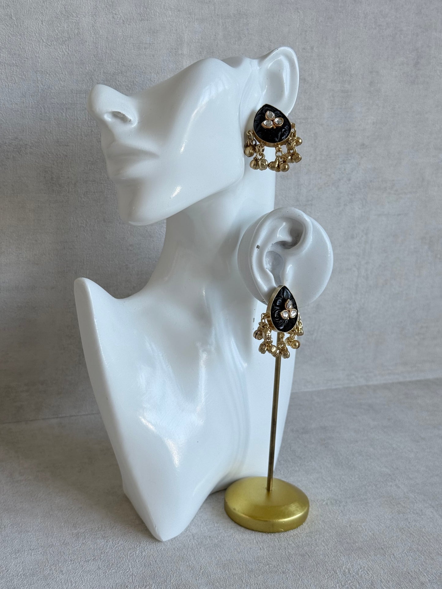 Ayura Designs Aykai Earrings – Black Carved Teardrop Stud Earrings with Clear Kundan Stones & Gold Ghungroo Drops