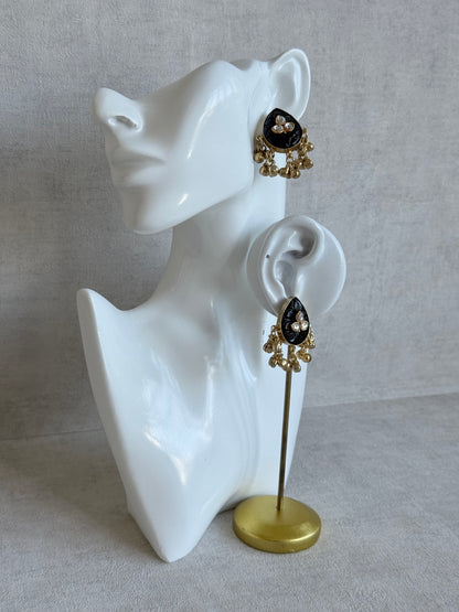 Ayura Designs Aykai Earrings – Black Carved Teardrop Stud Earrings with Clear Kundan Stones & Gold Ghungroo Drops