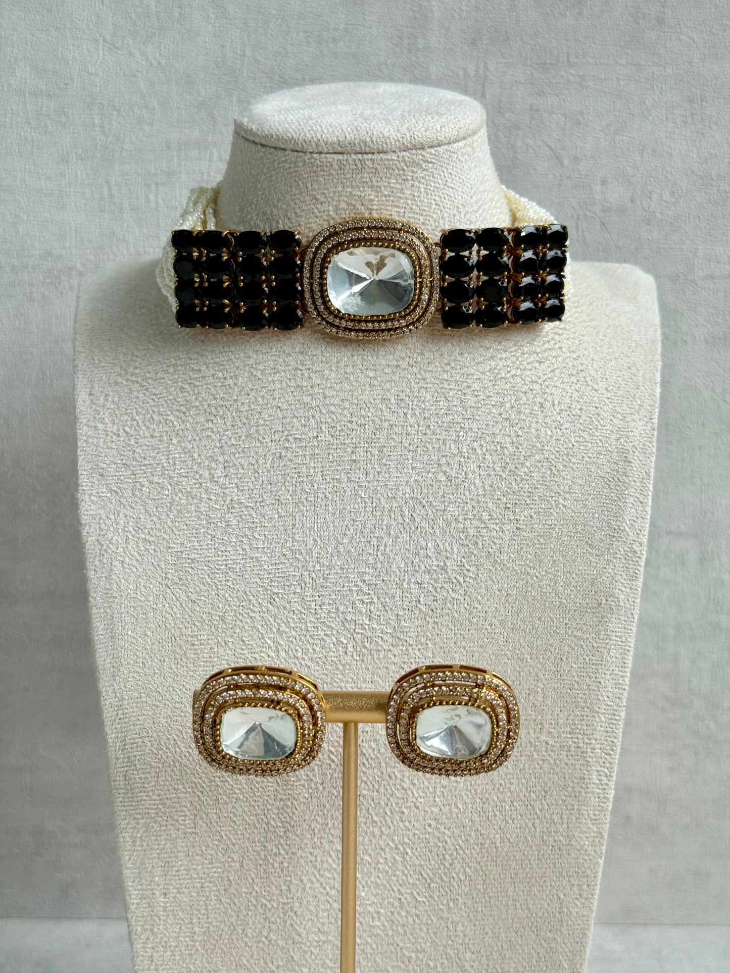 Ayura Designs Emma Choker Set – Black Gemstone Choker & Studs with Mirror-Cut Centrepiece, Pearl Strands & Crystal Borders