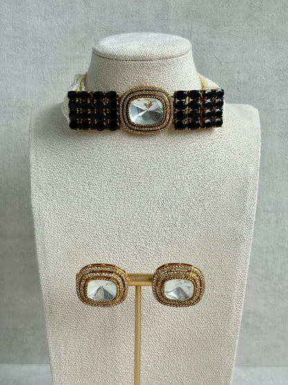 Ayura Designs Emma Choker Set – Black Gemstone Choker & Studs with Mirror-Cut Centrepiece, Pearl Strands & Crystal Borders