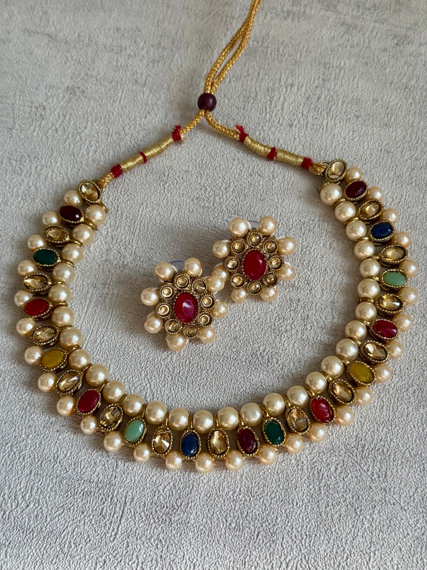 Ayura Designs Hala Set with studs– in Elegant Multicoloured Stones & Ivory Beads