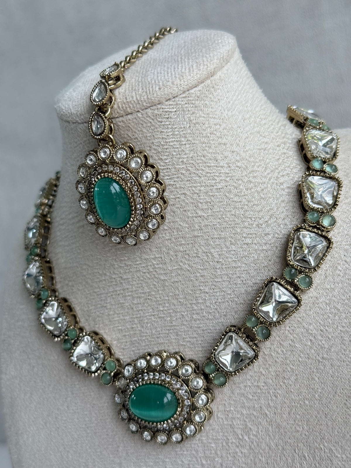 Ayura Designs Inza Necklace Set – Aqua Green Stones, Kundan & Crystals with Antique Gold Finish