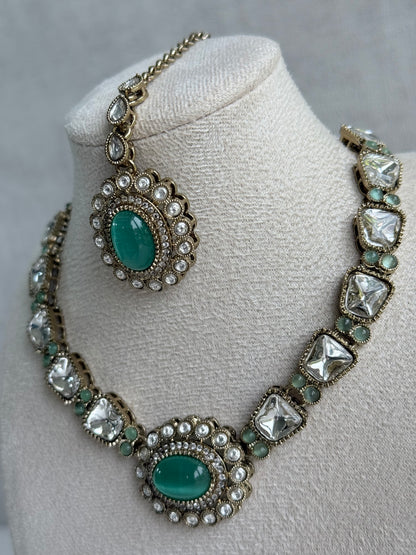 Ayura Designs Inza Necklace Set – Aqua Green Stones, Kundan & Crystals with Antique Gold Finish