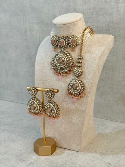 Ayura Designs Tehreem Set with Necklace, Earrings & Tikka – Mirror-Cut Stones, Blush Pink Beads & Antique Gold Finish