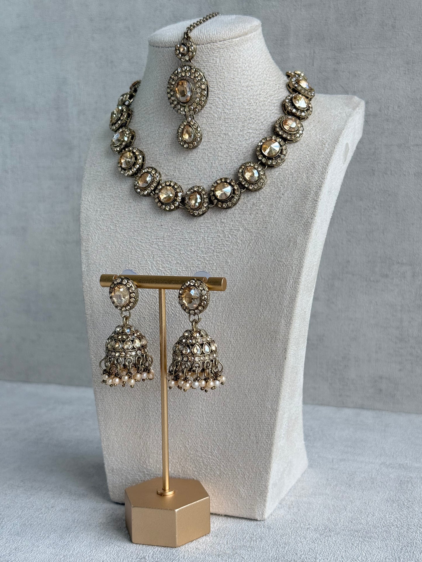 Ayura Designs Eira Necklace Set with Earrings & Tikka – Champagne Gold Crystal Stones with Antique Gold Finish