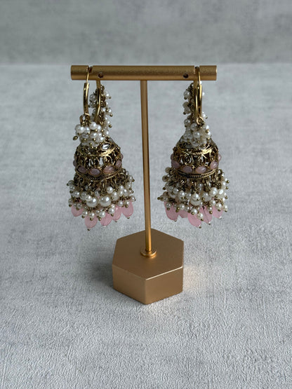 Ayura Designs Jugni Jhumkis – Antique Gold Balis with Blush Pink Beads & Pearl Clusters