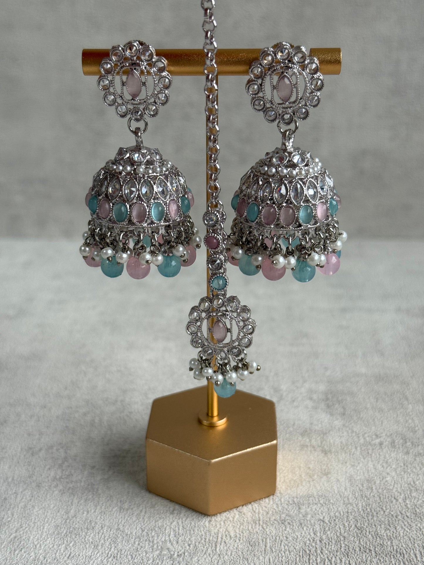 Ayura Designs Rayal Set – Silver Necklace, Jhumkis & Tikka with Aqua Blue, Blush Pink & Pearl Detailing