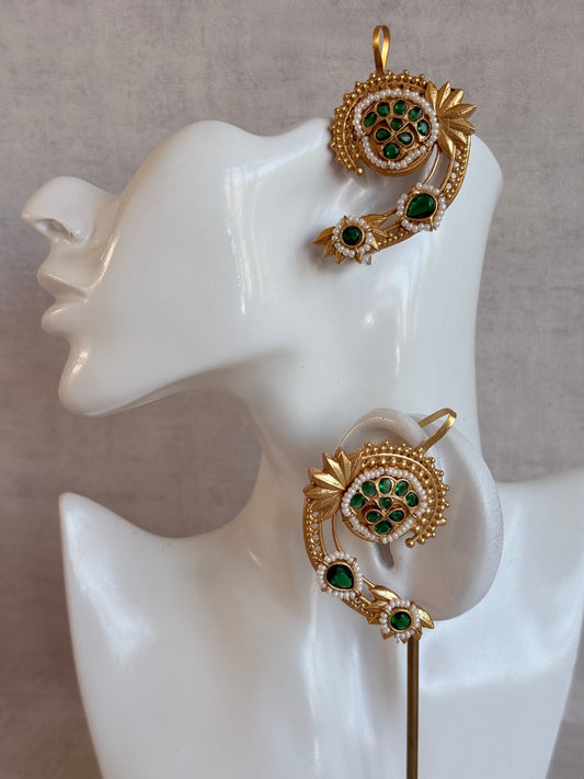 Ayura Designs Raatani Ear Climbers – Emerald Green Ear Climbers with Pearl Detailing & Floral Cutwork Design