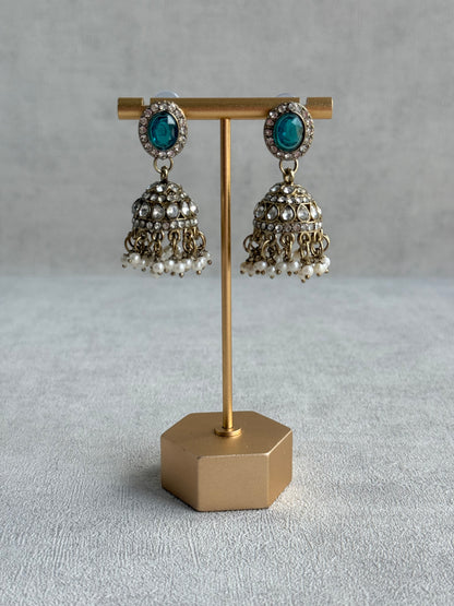 Ayura Designs Eira Necklace Set with Earrings & Tikka – Teal & Crystal Stones with Antique Gold Finish