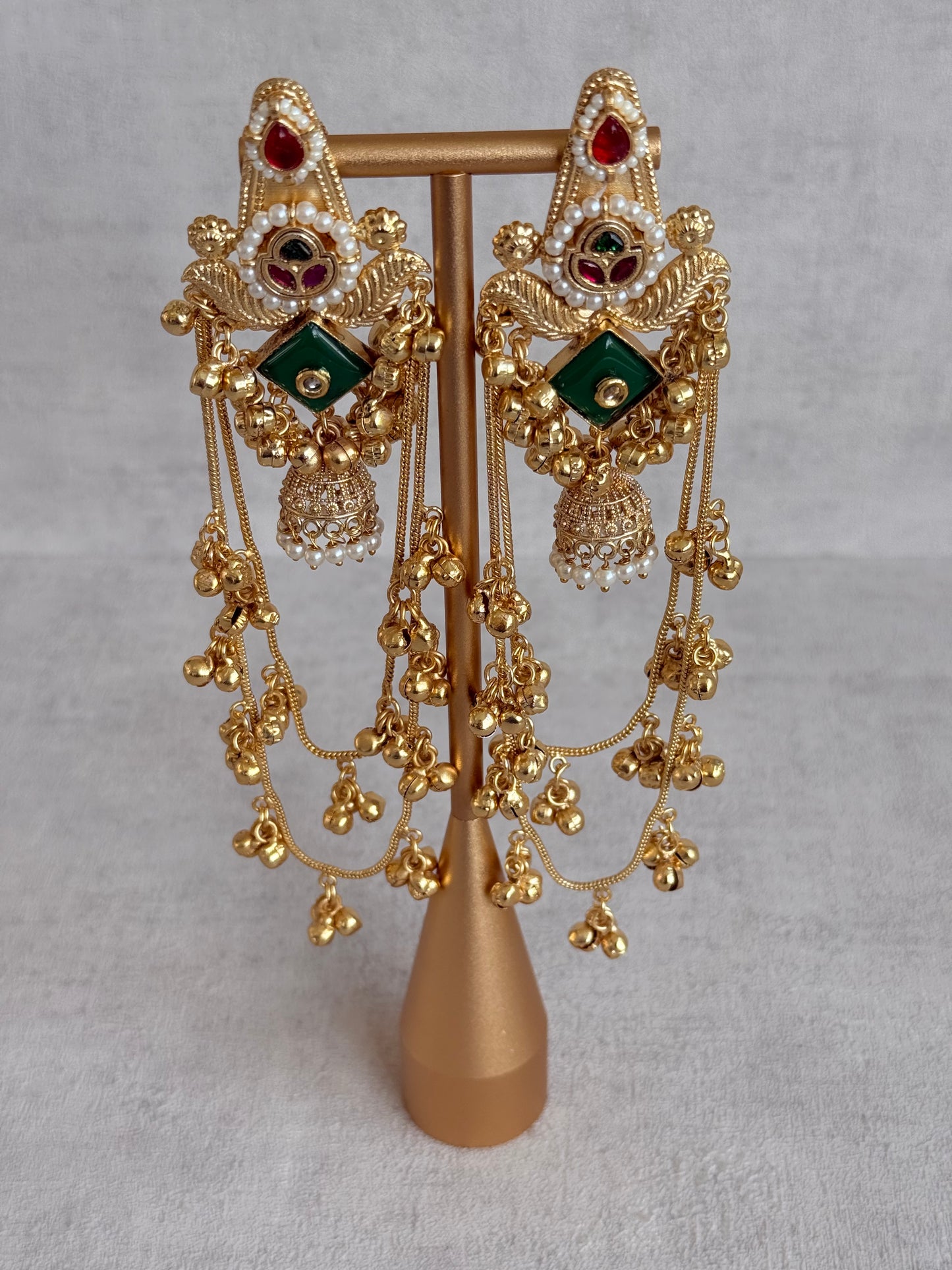 Ayura Designs Simal Earrings – Kashmiri Earrings with Green Stone, Multicoloured Detailing, Layered Ghungroo Chains & Jhumkis
