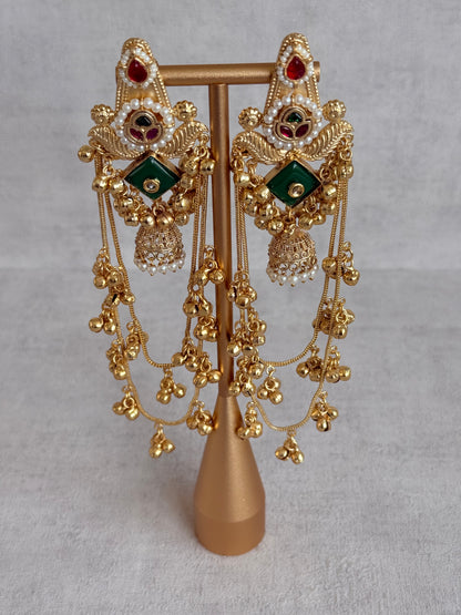 Ayura Designs Simal Earrings – Kashmiri Earrings with Green Stone, Multicoloured Detailing, Layered Ghungroo Chains & Jhumkis