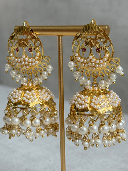 Ayura Designs Pannu Jhumkis – Pippal Patti Gold Jhumkis with Pearl Detailing