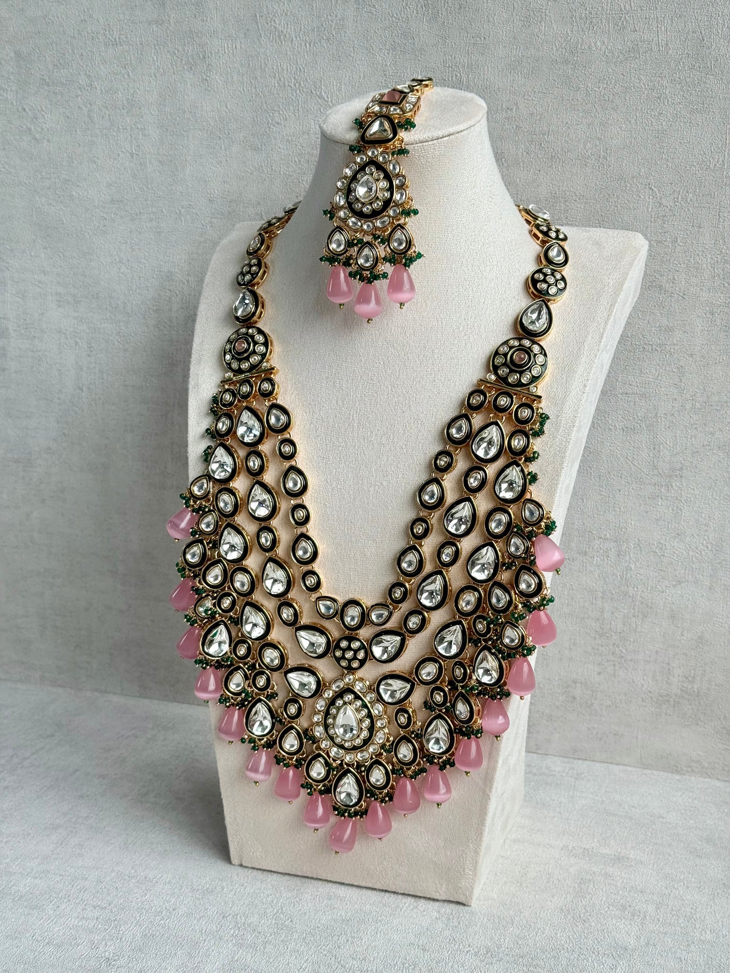 Ayura Designs Zahira Bridal Set with Necklace, Earrings & Tikka – Kundan Detailing with Blush Pink Drops, Green Enamel & Green Bead Accents