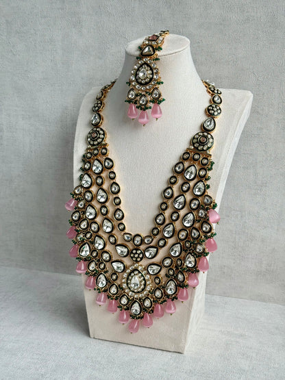 Ayura Designs Zahira Bridal Set with Necklace, Earrings & Tikka – Kundan Detailing with Blush Pink Drops, Green Enamel & Green Bead Accents
