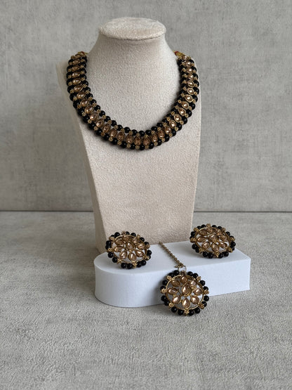 Ayura Designs Hala Set with Tikka & Studs – Midnight Black Beads & Champagne Kundan
