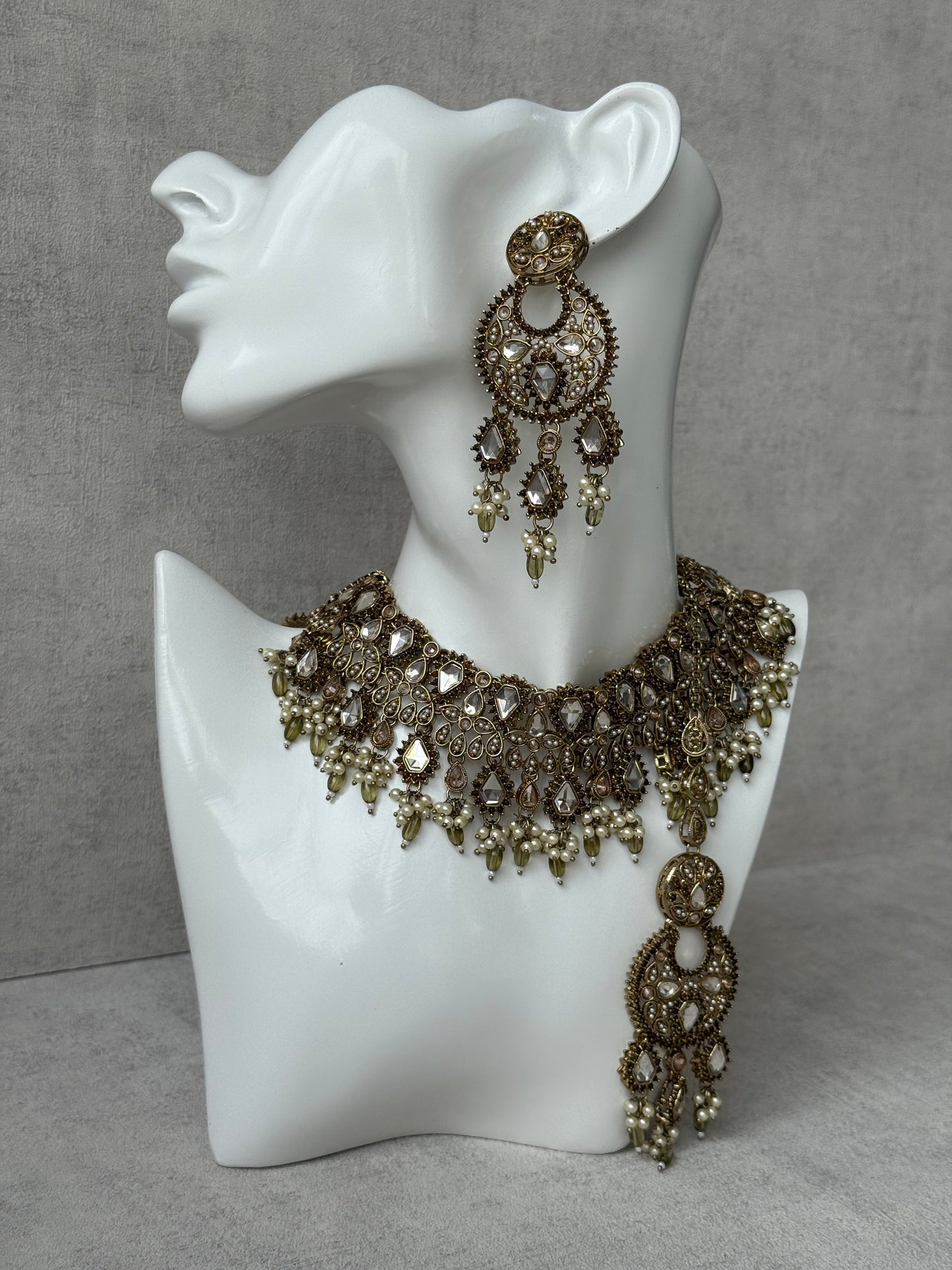 Ayura Designs Nimra Set with Earrings & Tikka – Mirror-Cut Polki, Olive Green Beads & Antique Gold Finish