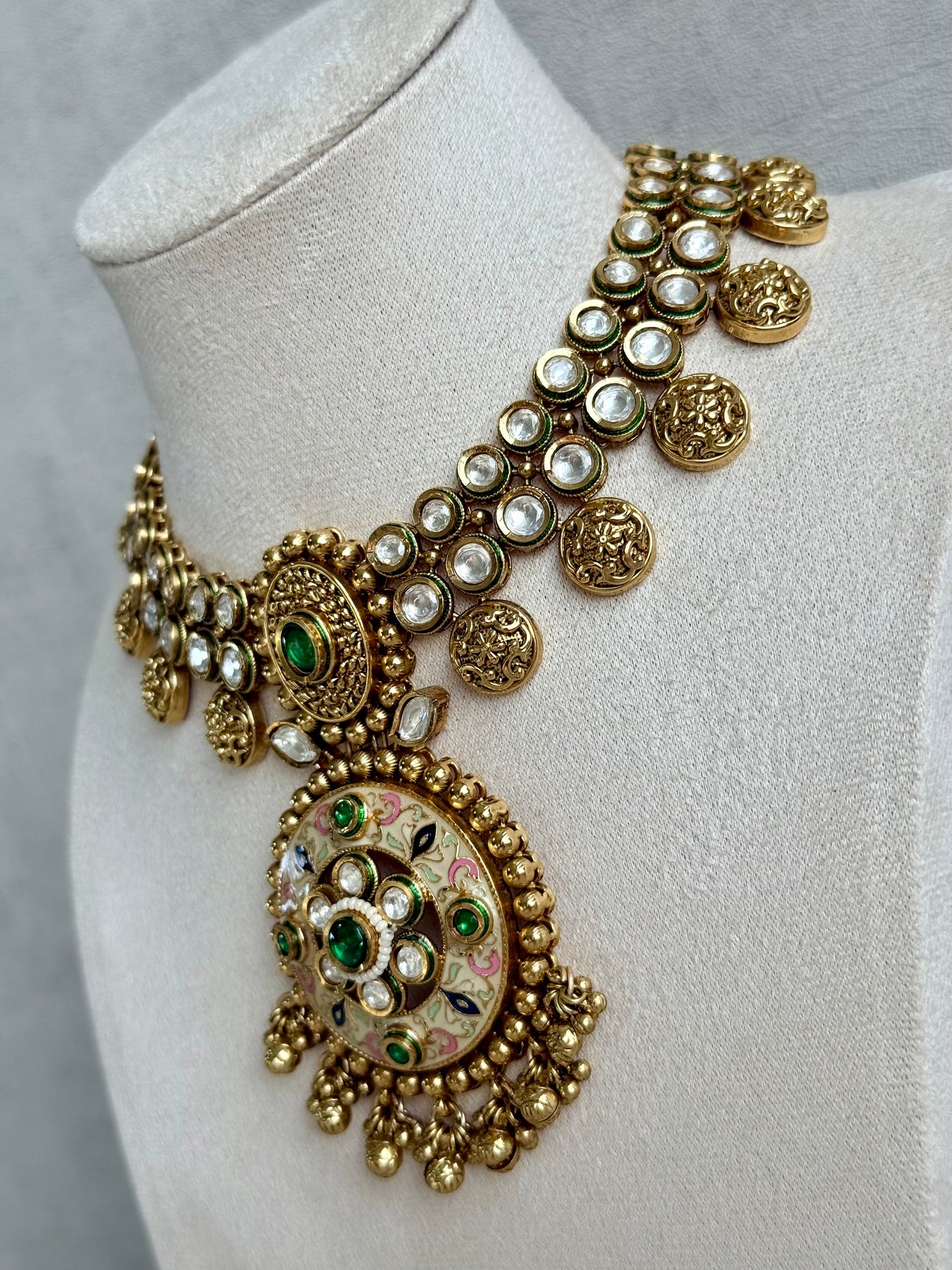 Ayura Designs Zayna Set with Necklace & Earrings – Ivory Meenakari with Emerald Green Stones