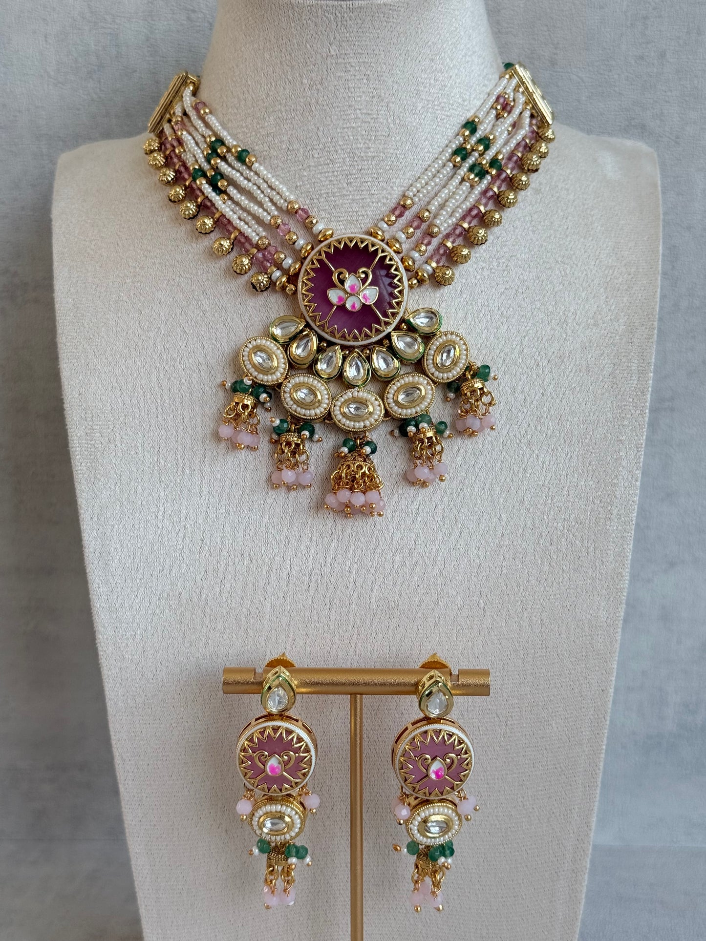 Ayura Designs Hasika Necklace Set with Earrings – Rose Pink, Emerald Green, Kundan & Pearl Detailing