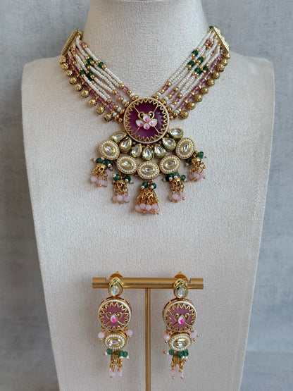 Ayura Designs Hasika Necklace Set with Earrings – Rose Pink, Emerald Green, Kundan & Pearl Detailing