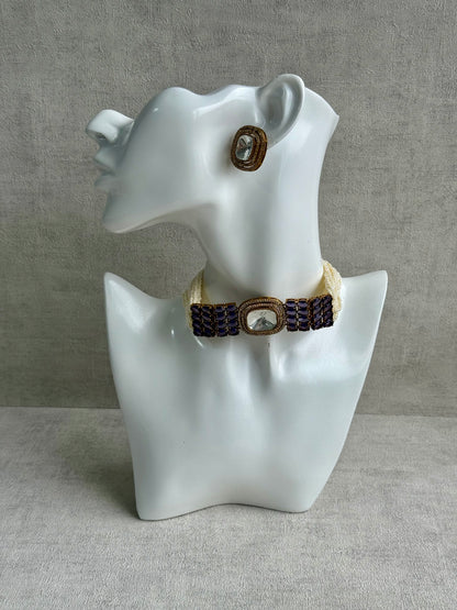 Ayura Designs Emma Choker Set – Deep Violet Gemstone Choker & Studs with Mirror-Cut Centrepiece, Pearl Strands & Crystal Borders