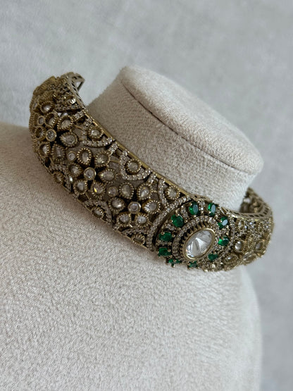 Ayura Designs Genevieve Choker Set with Studs – Emerald Green Crystal Kundan in Antique Gold