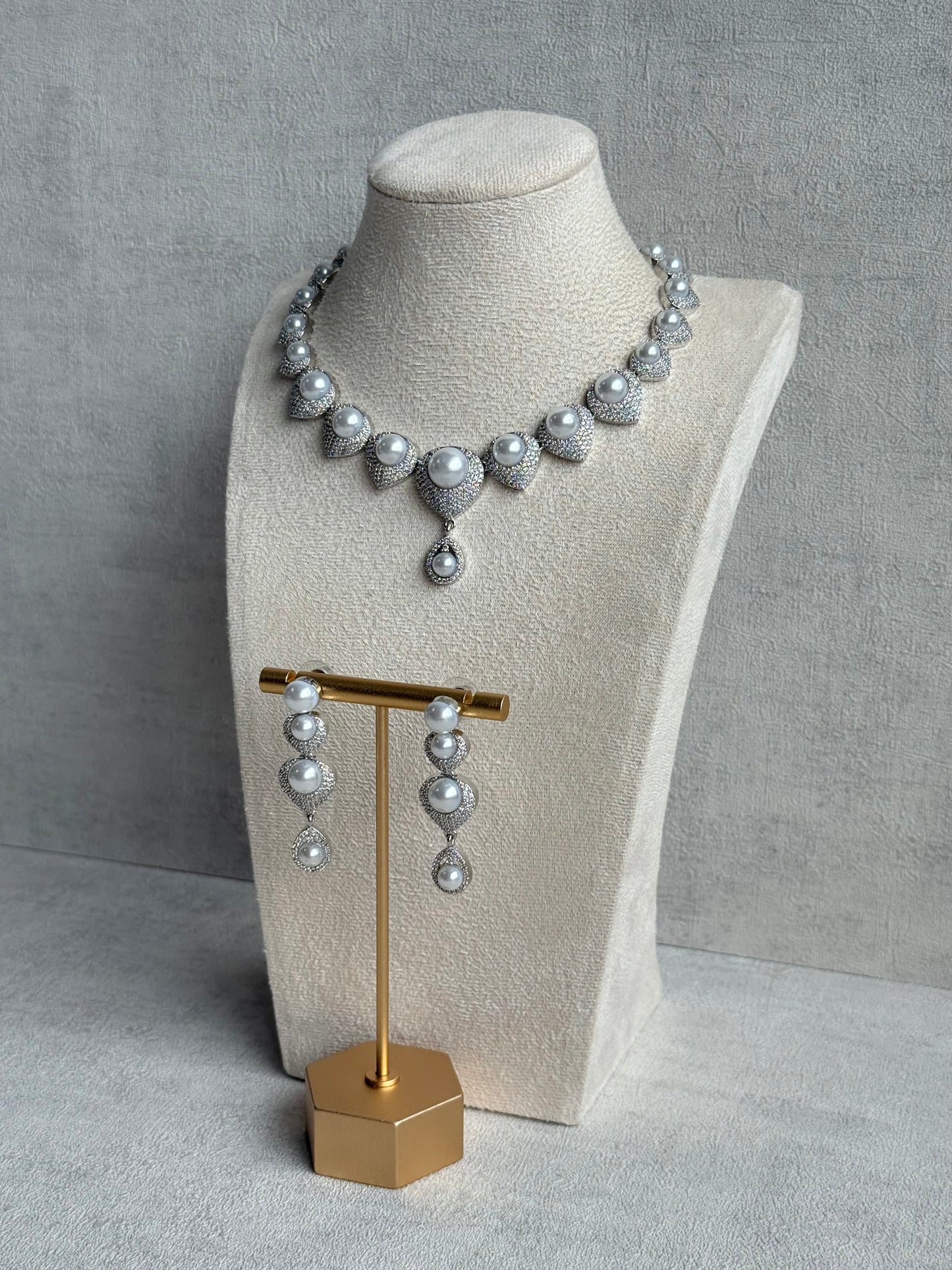 Ayura Designs Juliette Set with Necklace & Drop Earrings – Silver Crystal & Pearl Statement Set