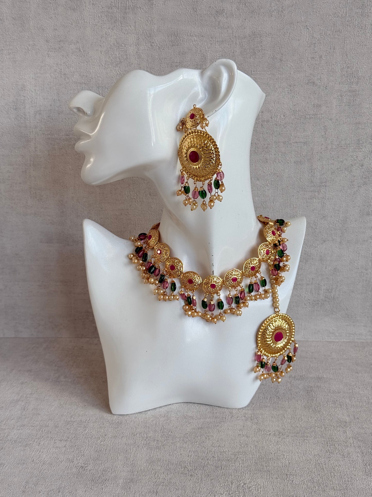 Ayura Designs Jyoti Set with Earrings & Tikka – Gold Disc Necklace with Ruby Pink, Emerald Green & Pearl Detailing