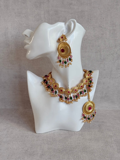 Ayura Designs Jyoti Set with Earrings & Tikka – Gold Disc Necklace with Ruby Pink, Emerald Green & Pearl Detailing