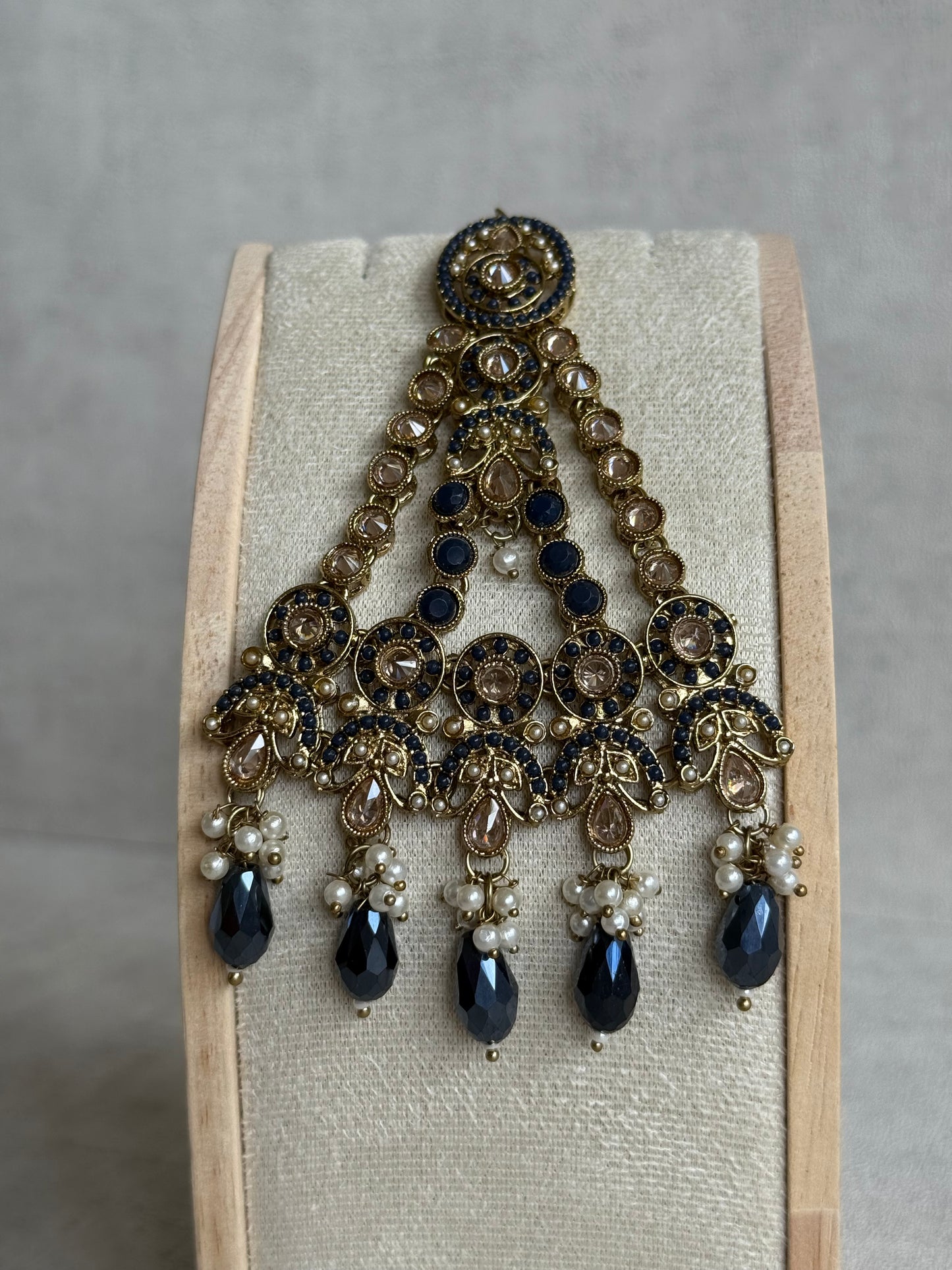 Ayura Designs Almas Tikka Set with Earrings, Tikka & Sahara – Midnight Blue Beads & Antique Gold Finish