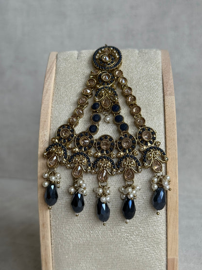 Ayura Designs Almas Tikka Set with Earrings, Tikka & Sahara – Midnight Blue Beads & Antique Gold Finish