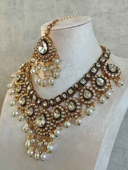 Ayura Designs Ishyat Set with Necklace, Earrings & Tikka – Kundan Detailing, Ivory Pearl Drops