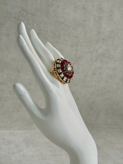 Ayura Designs Zaib Adjustable Ring – Mirror-Cut Stone with Green Enamel, Ruby Pink Accents & Crystal Detailing