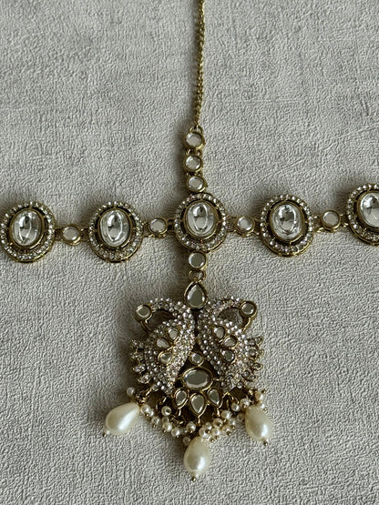 Ayura Designs Tajdar Bridal Set with Necklace, Jhumkis, Tikka, Nath, Ring & Sheeshphool – Jadau Kundan Craftsmanship with Mirror-Cut Polki, Ivory Pearl Drops & Antique Silver-Gold Finish