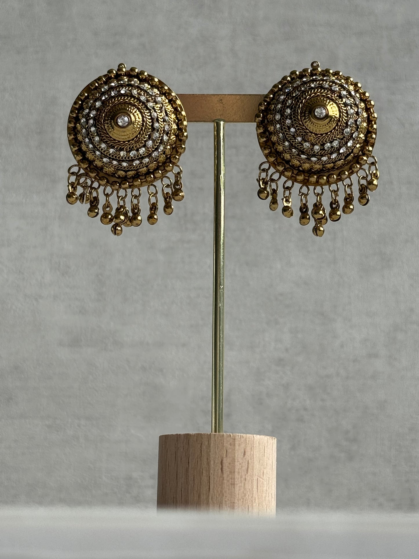 Ayura Designs Mitwa Earrings – Antique Gold Studs with Crystal Stones & Ghungroo Fringe
