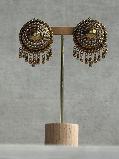 Ayura Designs Mitwa Earrings – Antique Gold Studs with Crystal Stones & Ghungroo Fringe